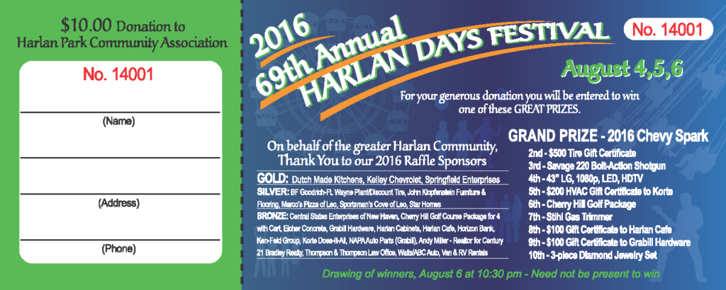 2016 Harlan Days Raffle Ticket Front