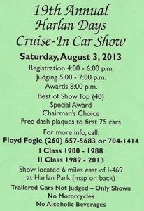 The 2013 Harlan Days Cruise-in Car Show Flyer